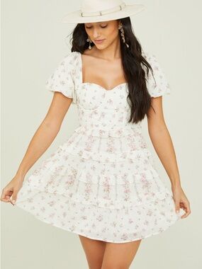 Floral Tiered Puff-Sleeve Mini Dress in Ivory with Pink Print